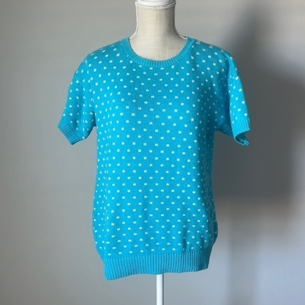 Cambridge Dry Goods Womens Blue White Knit Short Sleeve Sweater Size‎ Small